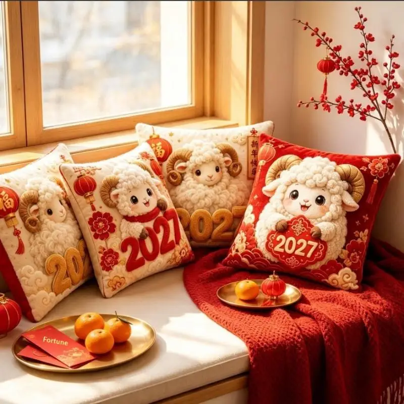 Chinese New Year 2027 Year Of Sheep Cushion Cover Goat Year Sofa Pillow Cover Mascot Sheep Lucky Spring Festival Home Ornament