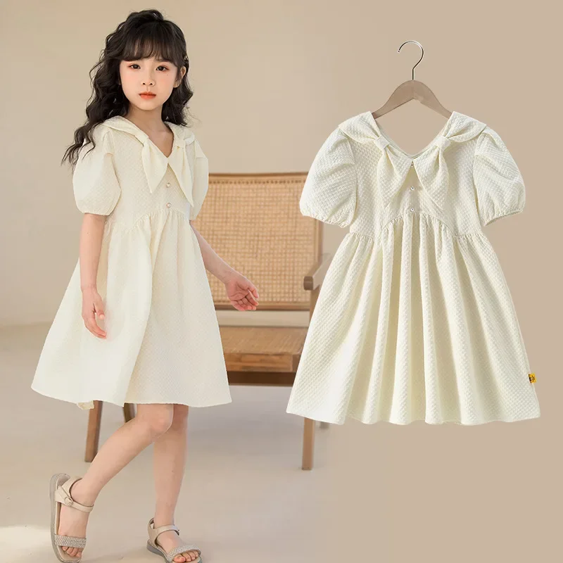 

2024 Korean Summer Junior Girl Princess s Teenager Girl Checkered Bow Children Girl Bubble Sleeve Prom Dress