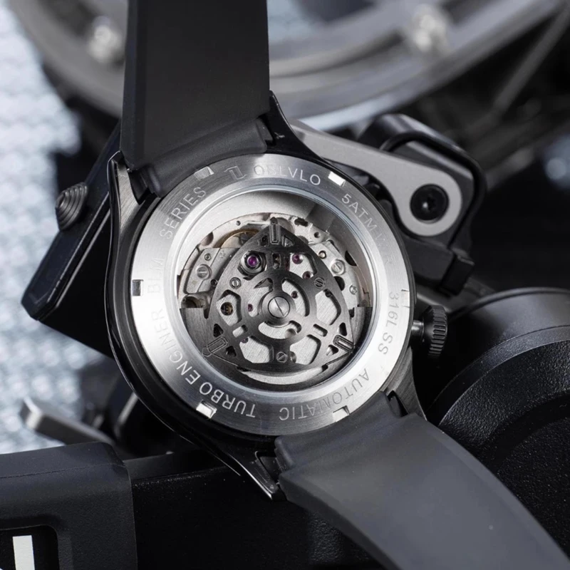 OBLVLO, diseño Original, reloj mecánico automático con esfera de Rotor de fibra de carbono para hombre, cristal de zafiro brillante azul, relojes deportivos resistentes al agua