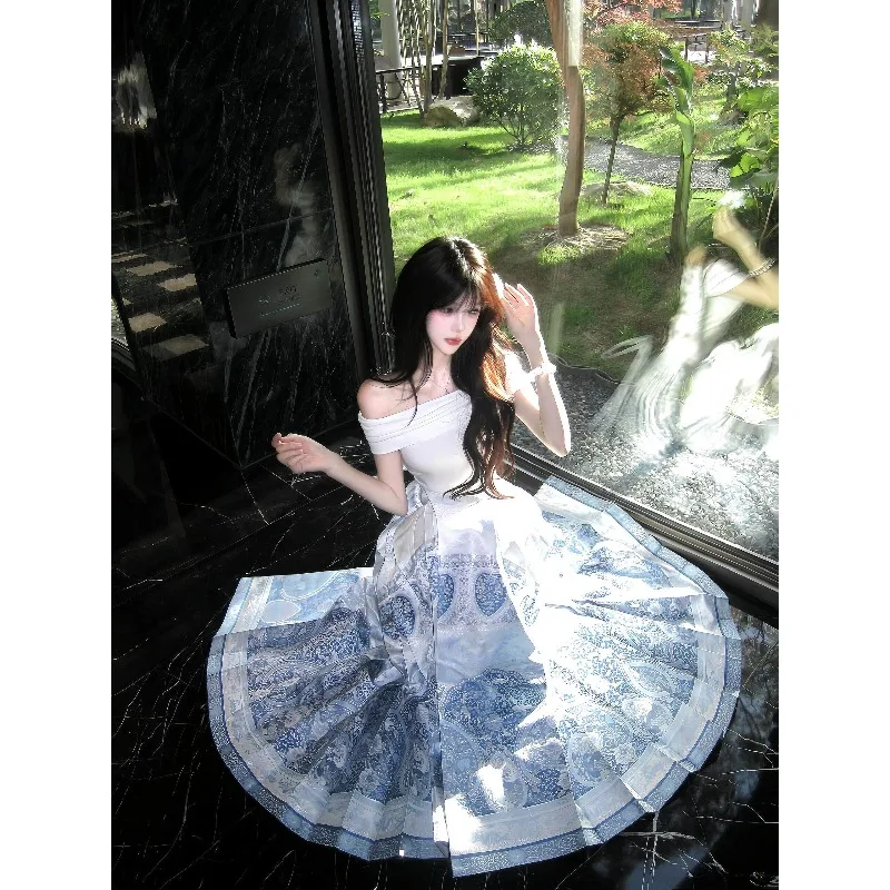 

Elegant Blue White Pattern Improved Mamianqun Traditional Chinese Casual Dress