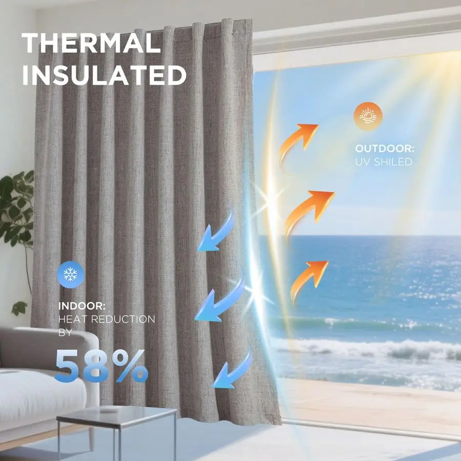 ผ้าม่านกันแสง 100% สำหรับห้องนอน ผ้าม่านลินินธรรมชาติ ผ้าม่านกันความร้อนและแสง ผ้าม่านแบบมีรูร้อยราวและแถบยึดด้านหลัง