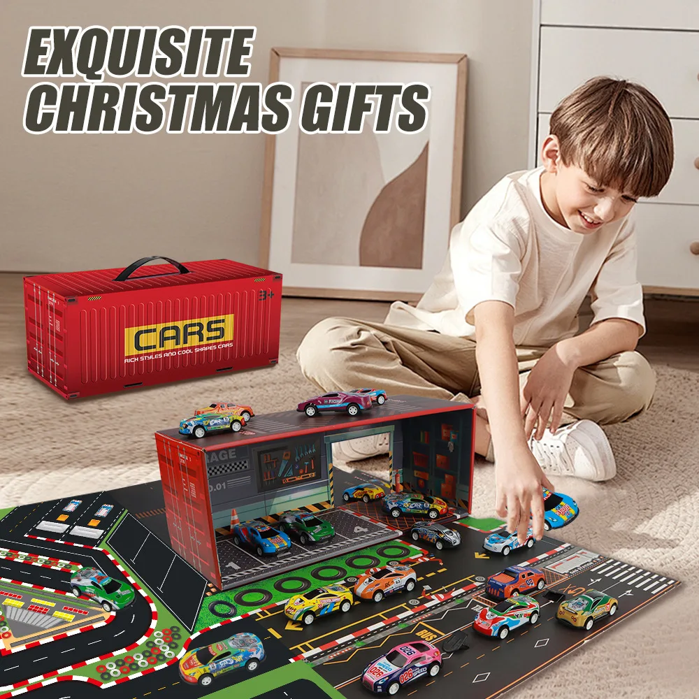 

Детские развивающие гоночные машинки с фрикционным приводом — литой металлический игрушечный набор с откатным механизмом и игровым ковриком для парковки, тематическая подарочная коробка
