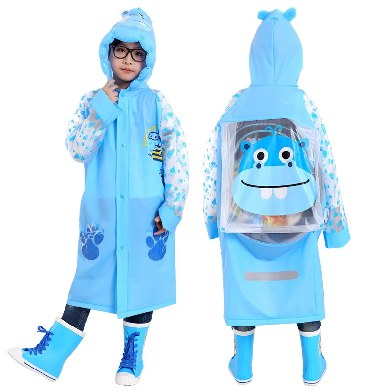 Summer Children\'s Raincoat Boys Girls Cute Cartoon PVC Waterproof Hooded Poncho with Backpack Position Student RainWear