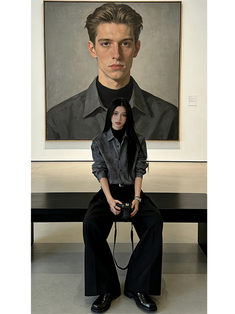 

Мужская свободная рубашка в американском стиле с эффектом окрашивания, черная, повседневная, с длинным рукавом, весна-осень, модная, немнущаяся