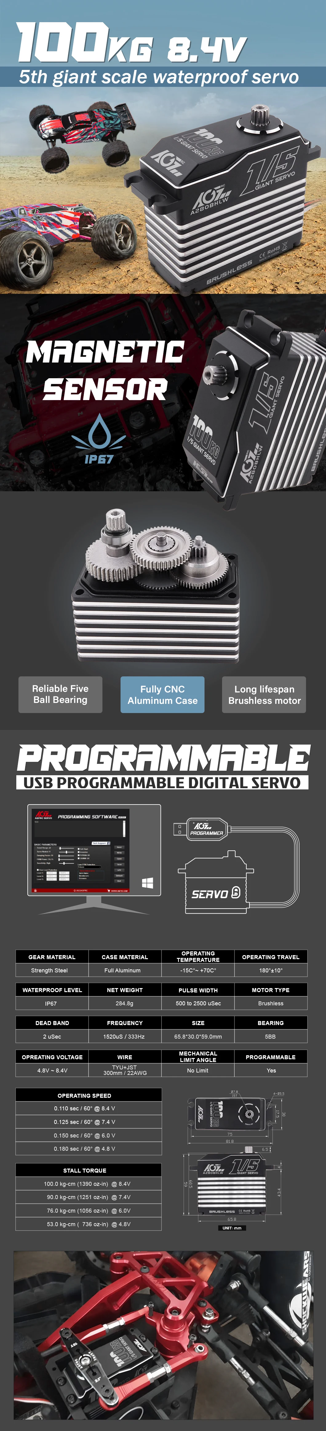 AGFRC A280BHMW A280BHLW 78KG 100KG HV Bürstenloser wasserdichter RC-Servomotor mit hohem Drehmoment für 1/5 große Flugzeuge, Auto, Boot, RC-Modelle – Detail 4