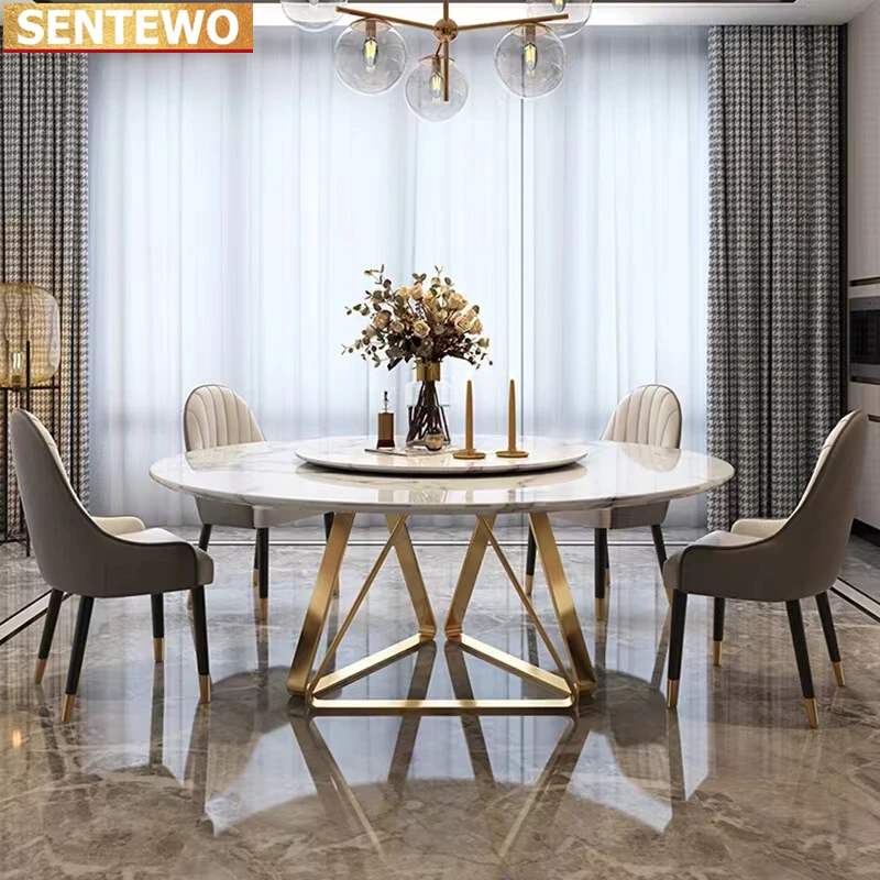 SENTEWO Luxury Round Marble Kitchen Dining Table And 8 Chairs Set Stainless Steel Gold Base Kitchen Furniture Stolik Esstische