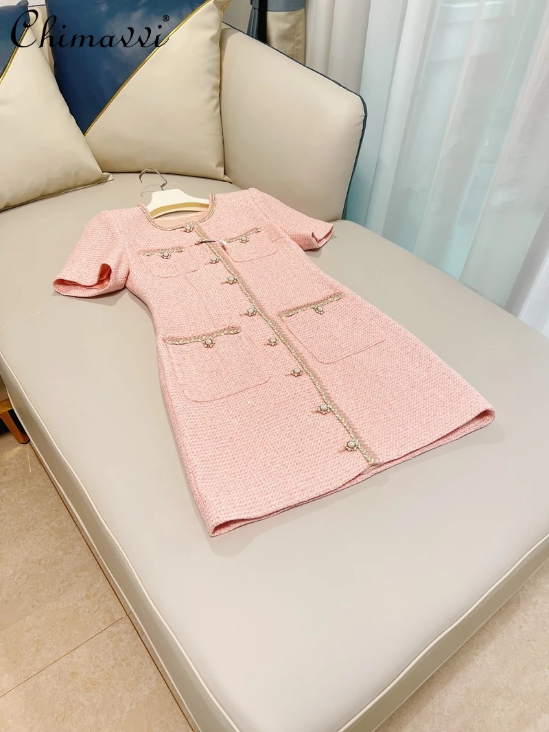 

French Retro Commuter Beaded Button Single-Breasted Pocket O-Neck Short Sleeve High Waist A-line Pink Sweet Short Women Dresses