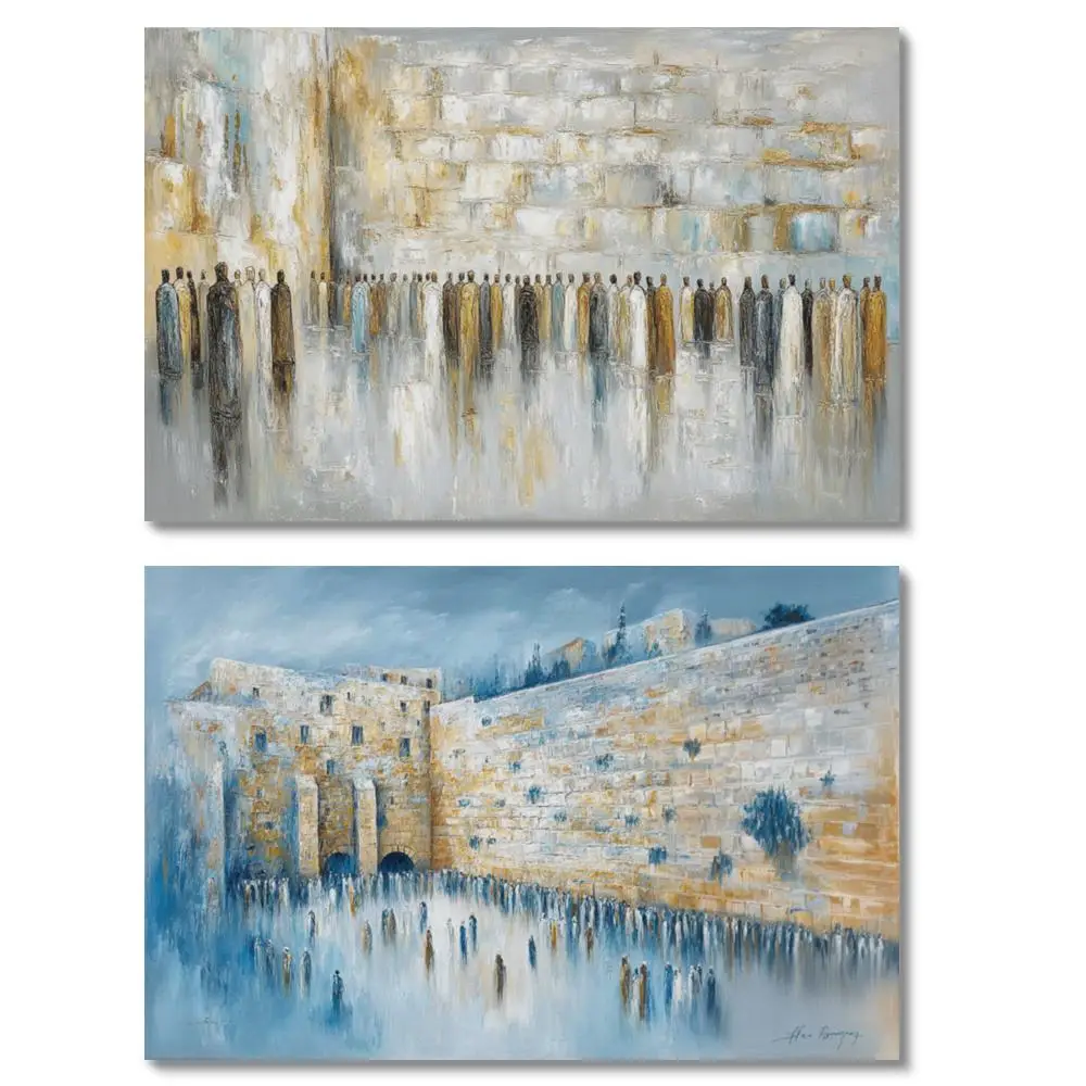 Oversized Panoramic Jerusalem Kotel Art Canvas Prints HD Ice Blue Gold Plaza Scene Modern Decor for Contemporary Living Room
