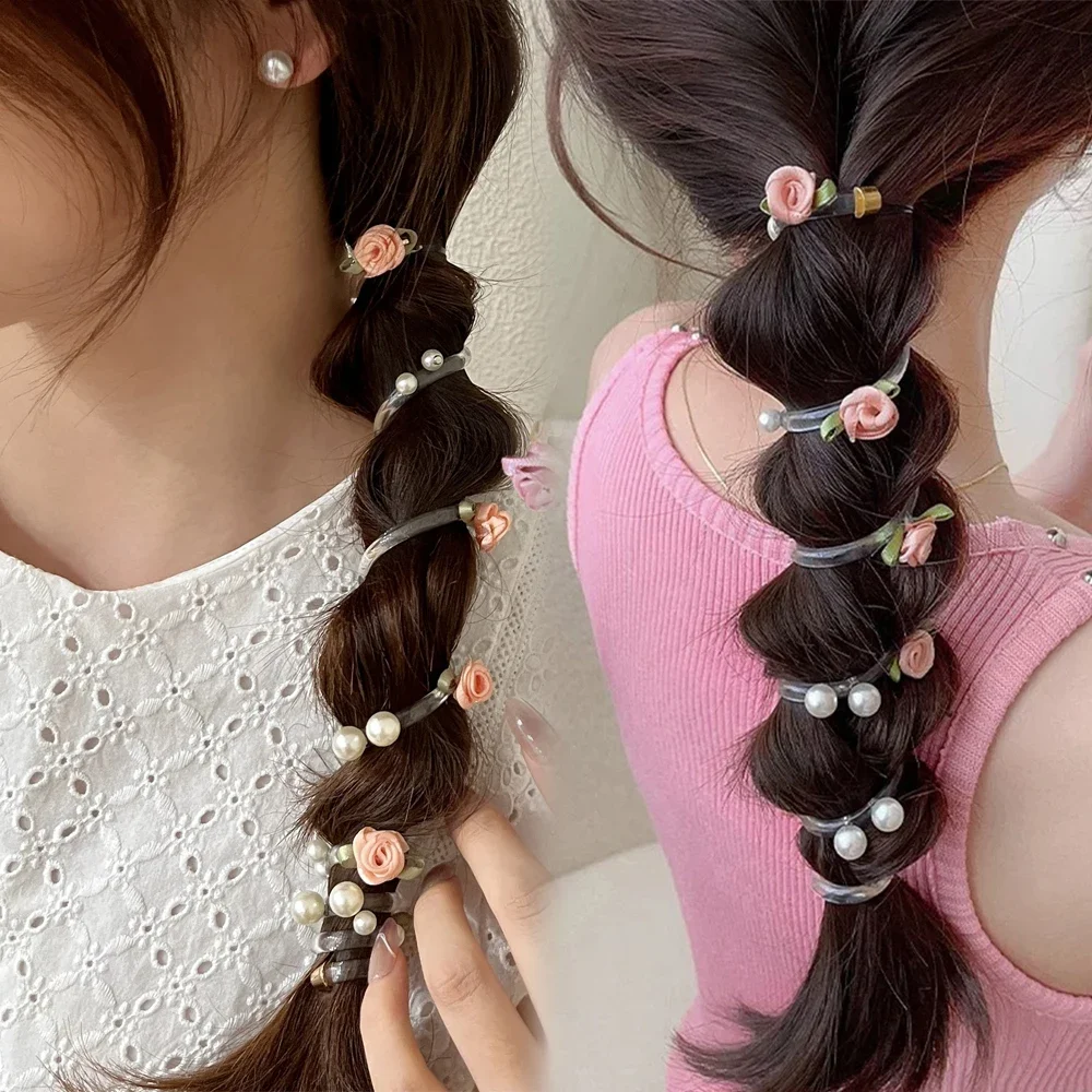 

Charming Rose Bubble Braid Headband Rose Bead Telephone Line Headband Pearl Ponytail Hair Loop High Elasticity Headwear for Girl