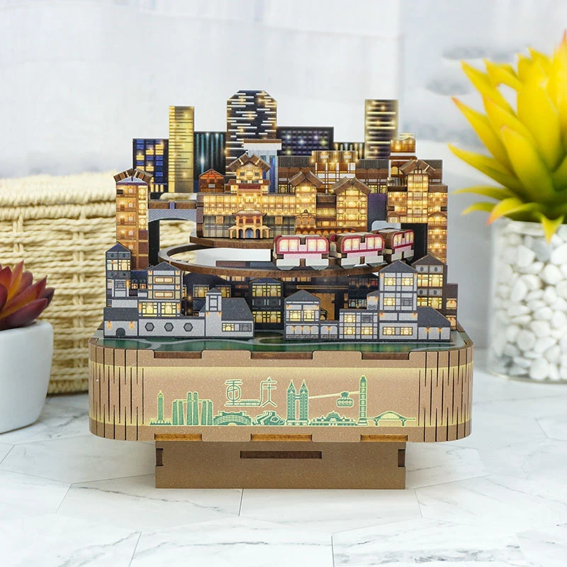 City Street View DIY Wooden Model Building Kits Chongqing Music Box 3D Puzzle Toys for Children Birthday Gifts Home Decoration