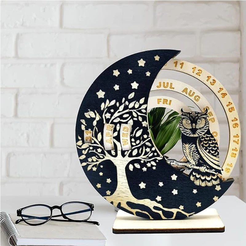 Perpetual Calendar Creative Rotatable Moon Disk Calendar,ENCIMART Desk Calendar,6 Inch Mini Wooden Calendar Desk Decoration