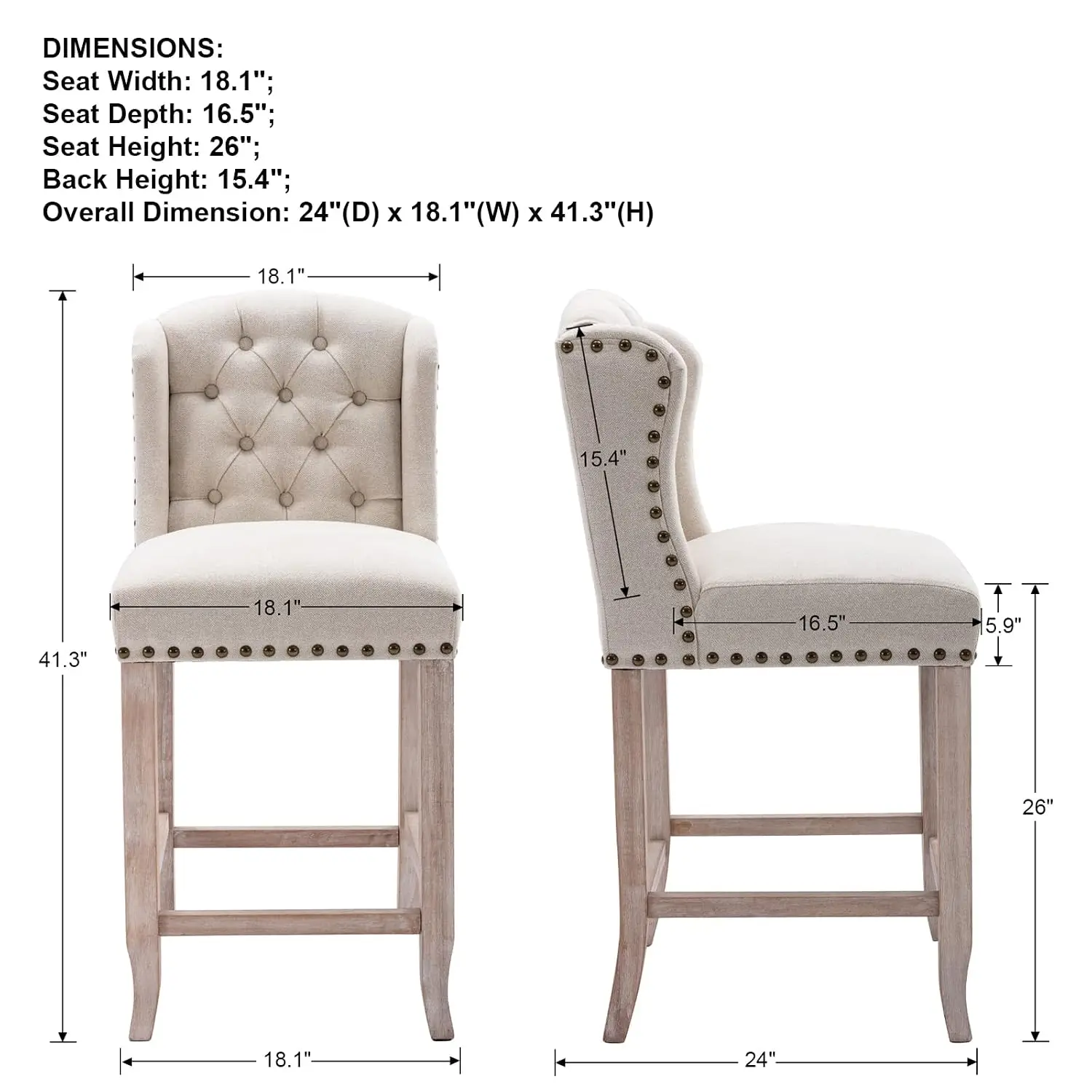 26 Inch Tufted Bar Stools Set of 2, Linen Upholstered Counter Chairs with Back, Armless Barstools with WoodCustomized