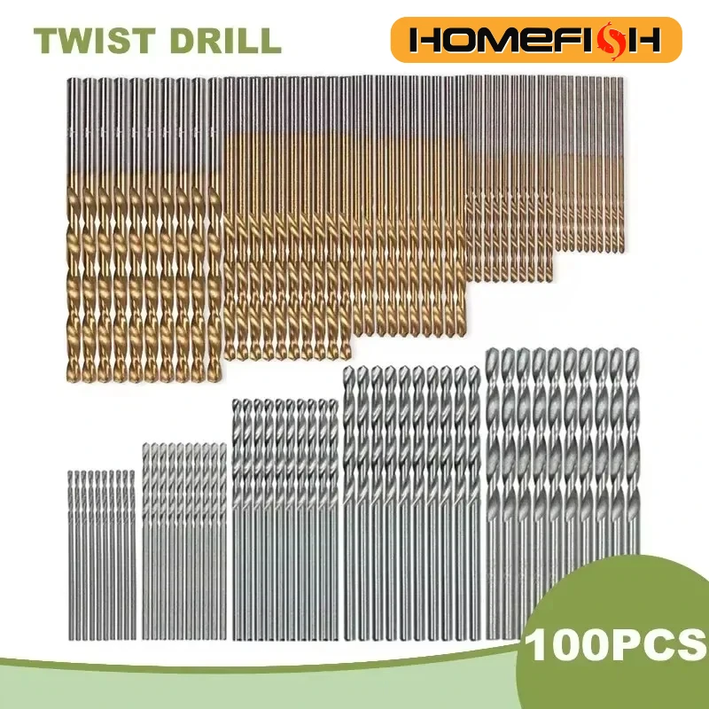 100PCS 트위스트 드릴 비트 세트 1-3mm 티타늄 도금 목재 금속용 핸드 전동 드릴