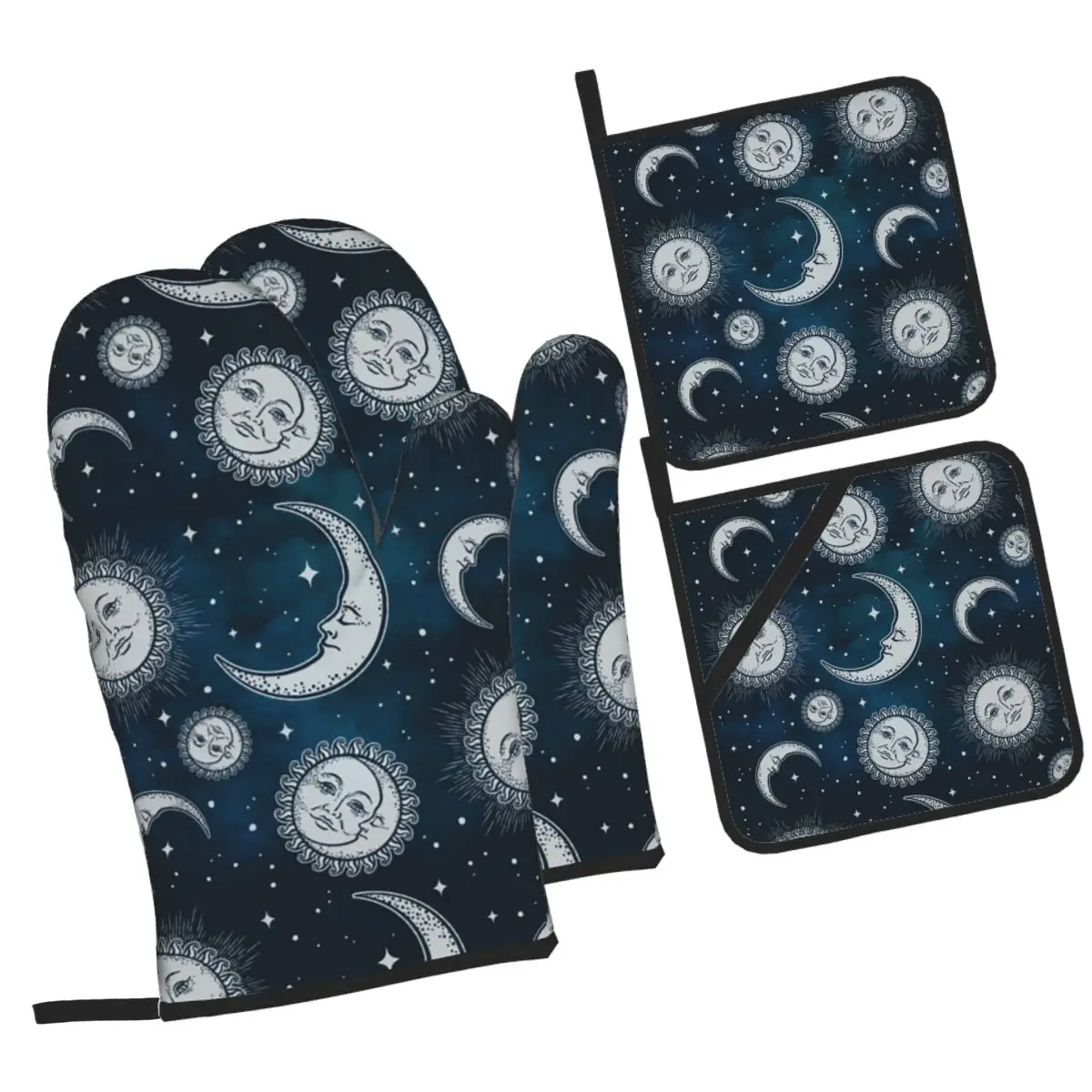 Celestial Mystic Esoteric Magic Sun Moon Oven Mitts and Pot Holder Sets of 4 for Baking Cooking Resistant Non-Slip Gloves