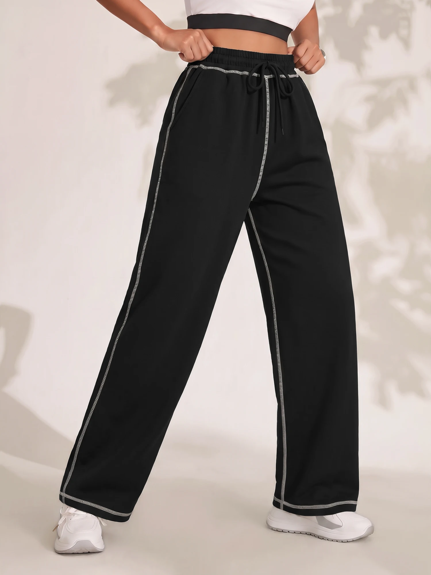 Women Contrast Stitch Wide Leg Sweatpants Elastic Drawstring Waist Loose Straight Pants With Pockets Y2K Streetwear Sports Pants
