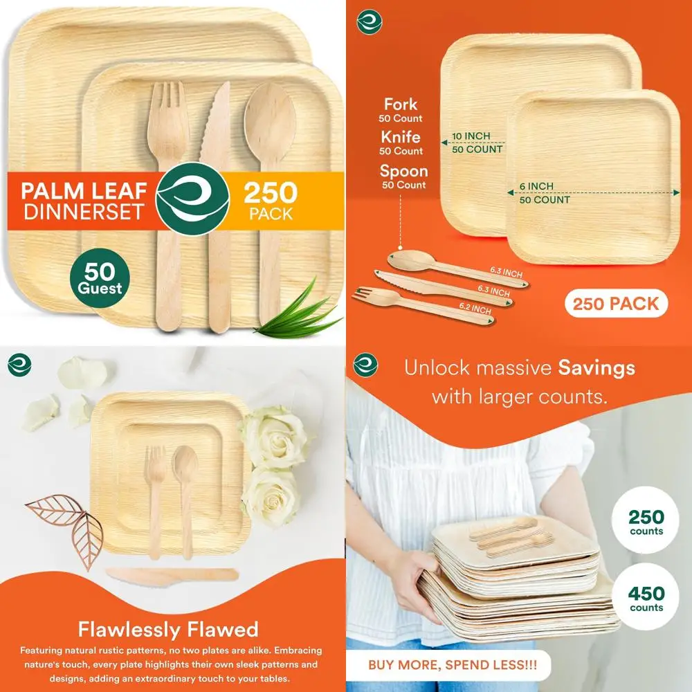 

ECO SOUL 100% Compostable Palm Leaf Dinnerware Set of 250 For 50 Guests [10, 6 Square plates, Fork, Knife, Spoon, 50 Count each]