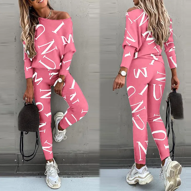 Spring New Style of Europe and the United States Women\'s Letters Printed Long-sleeved Trousers Casual Suit