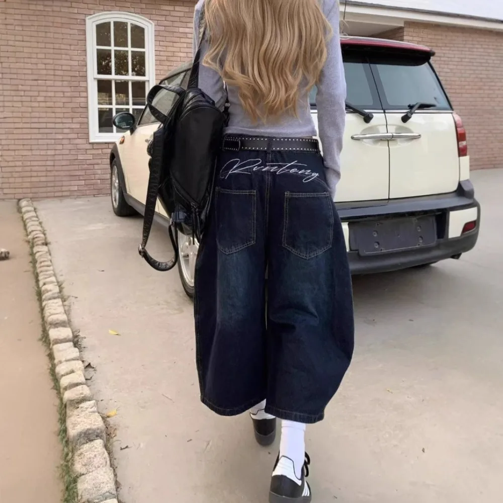 

Джинсы женские в стиле американской вышивки с элементами пэчворка, осенне-летние, свободные, винтажные, с высокой талией, широкие, укороченные (7/8), в японском и корейском стиле