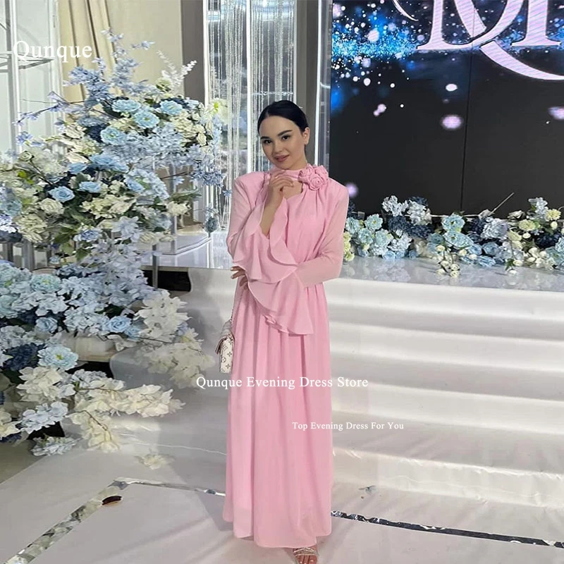 

Quque Pink Chiffon A-line Evening Dresses Long Pagoda Sleeves Women Formal Party Dresses Elegant Handmade Flowers Robe De Soiree