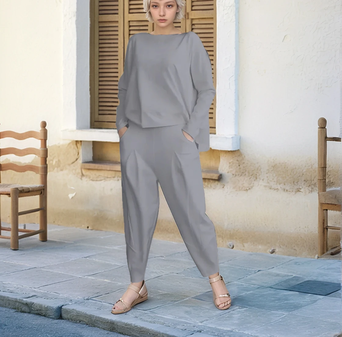 2024 Autumn/Winter New Cross border Foreign Trade Women's Clothing Solid Color Round Neck Long Sleeve Set Women's Pocket Pants L image 3