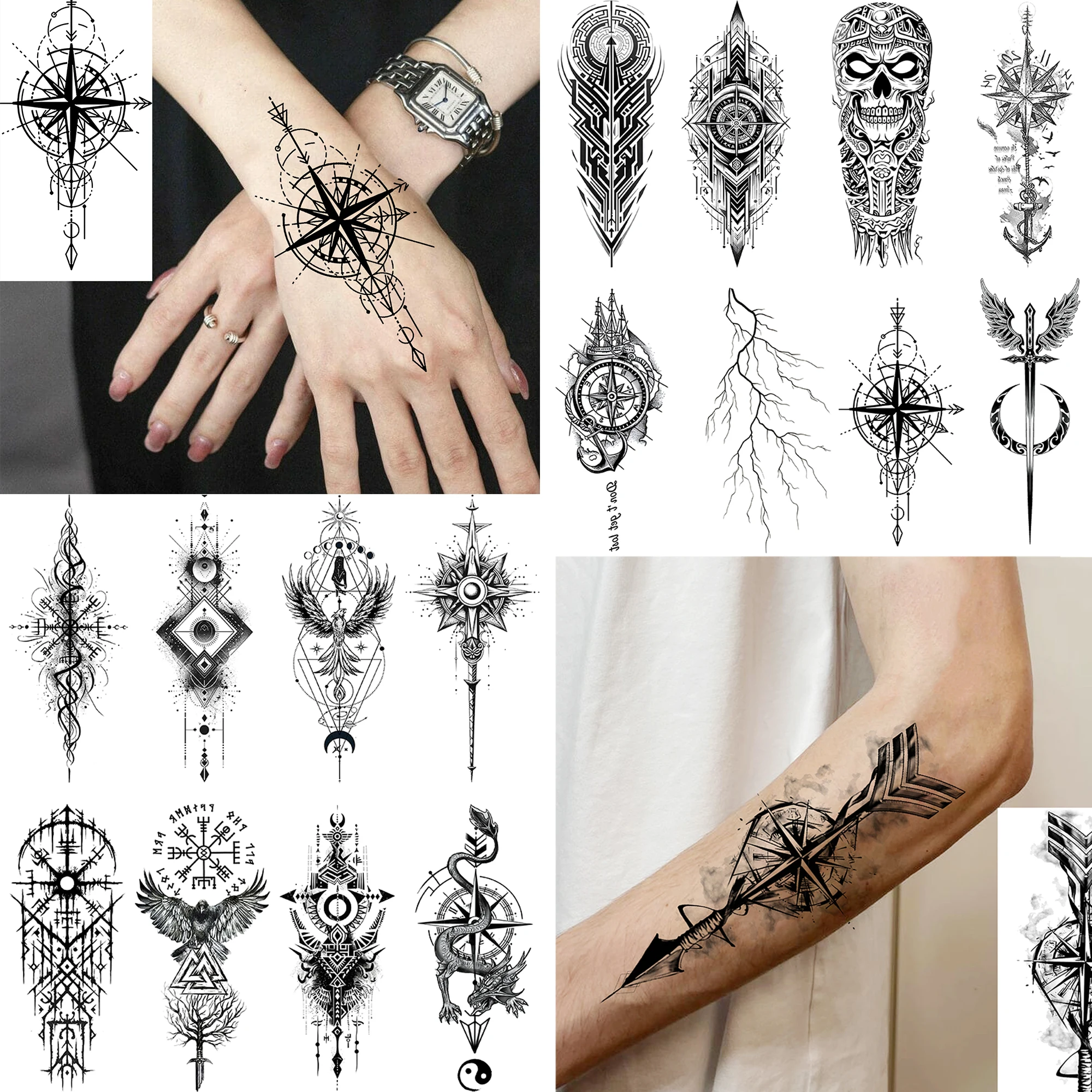 1 Sheet Viking Arrow Compass Gothic Temporary Tattoos For Adult Forearm Neck, Waterproof Realistic Long Lasting Temp Fake Tatoos
