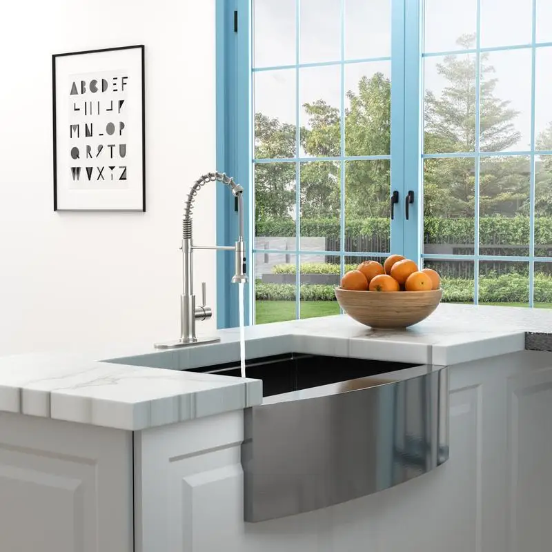 

21-Inch Commercial Kitchen Faucet with Dual Function Pull-Down Sprayhead in Brushed Nickel Finish, Stainless Steel Construction