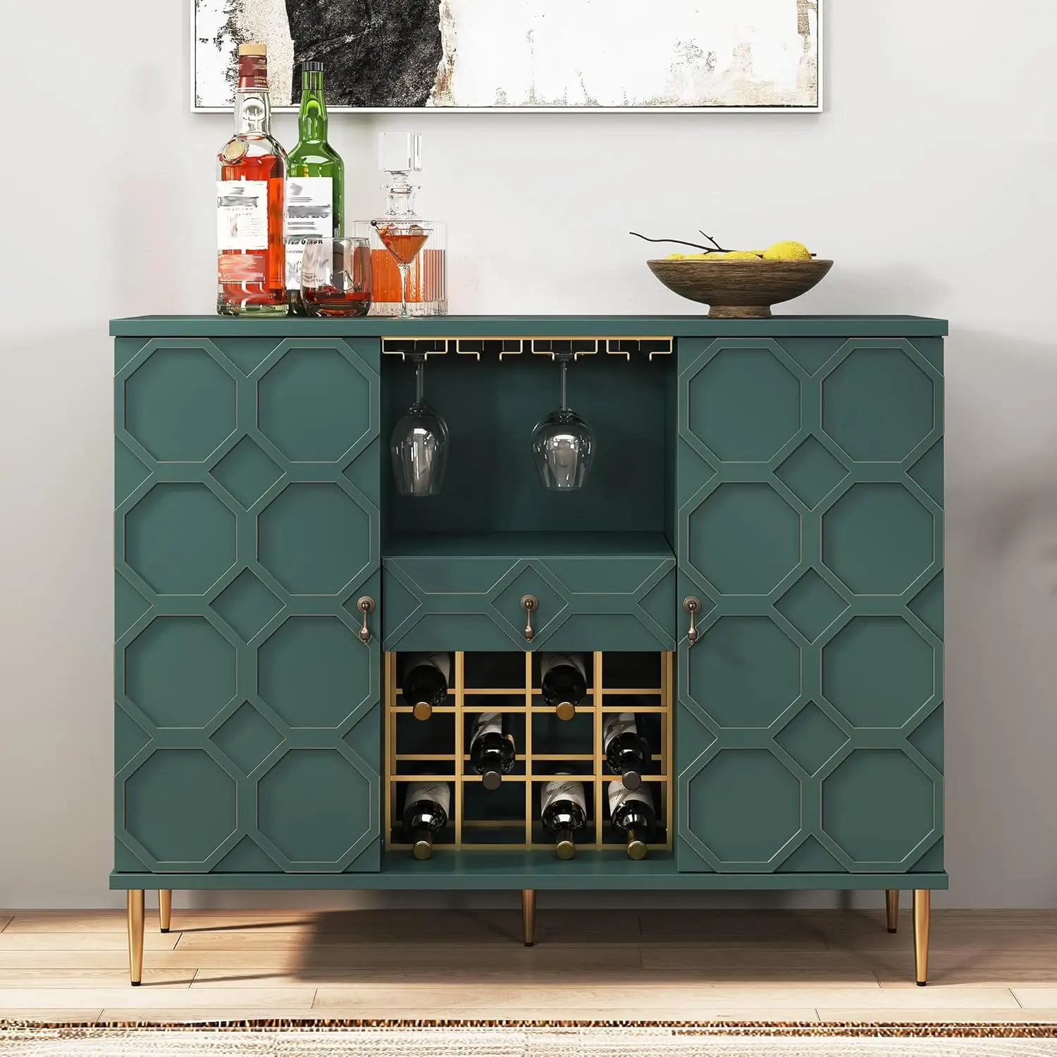 

Modern Bar Cabinet with Drawer, Liquor Cabinet with Wine Glass Racks and Shelves, Geometric Door Buffet Sideboard for