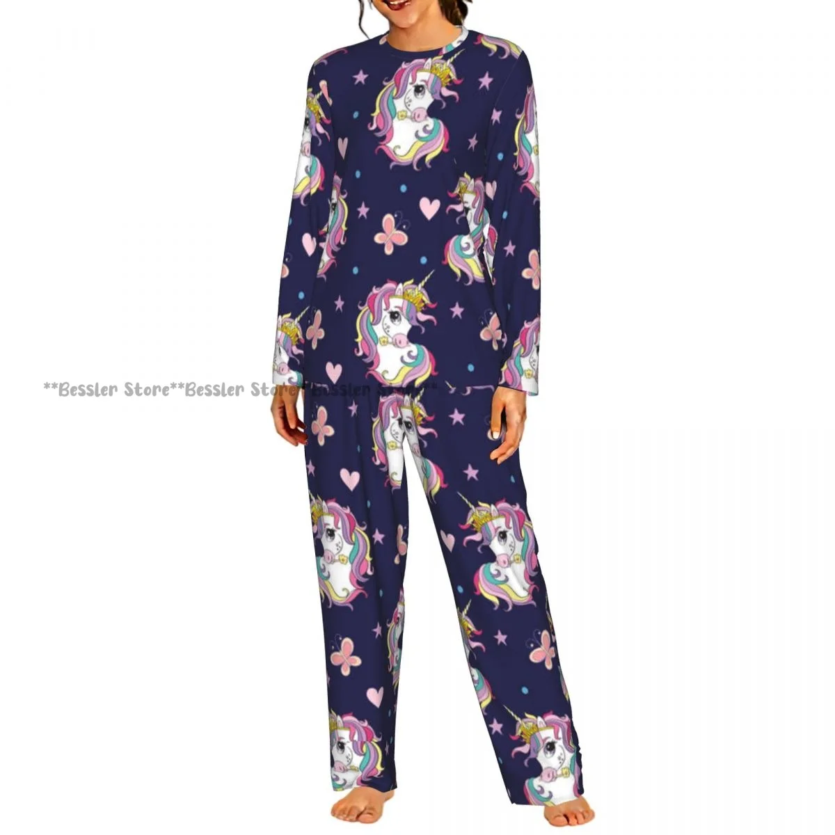Women Casual Round Neck 2PCS Sleepwear Set Long Sleeve Shirt & Long Pants Unicorns And Butterflies Daily Home Loungewear