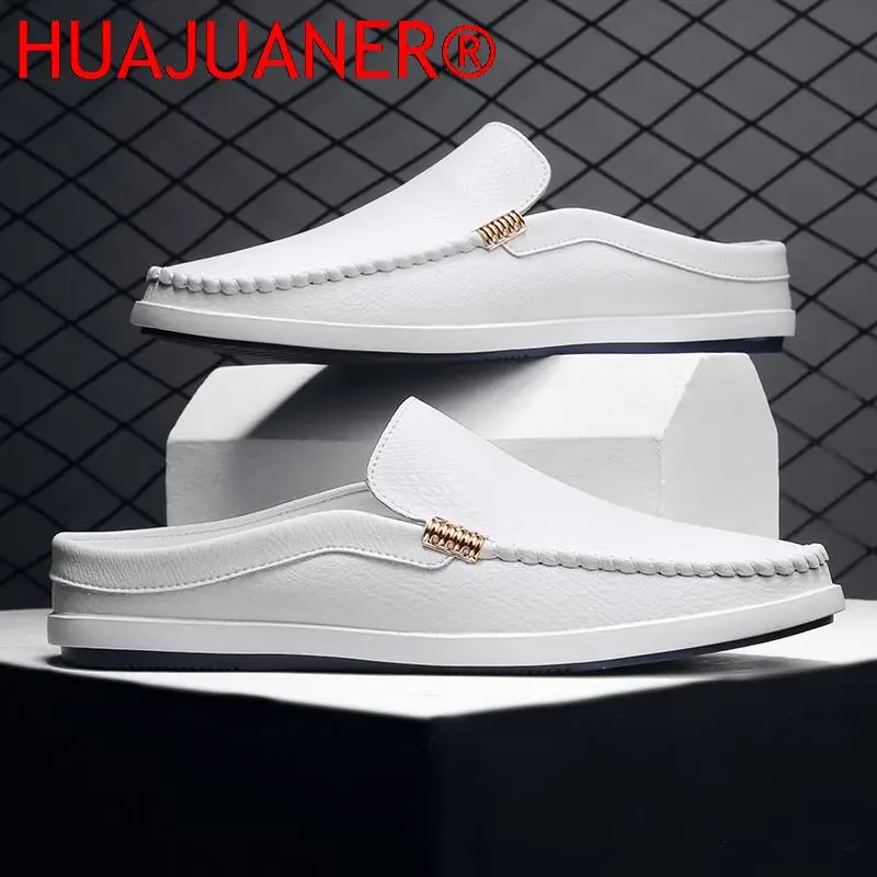 New Summer Men Shoes Casual Half Drag Mens Loafers Leather Half Slipper Breathable Slip on Lazy Driving Footwear Male All-Match