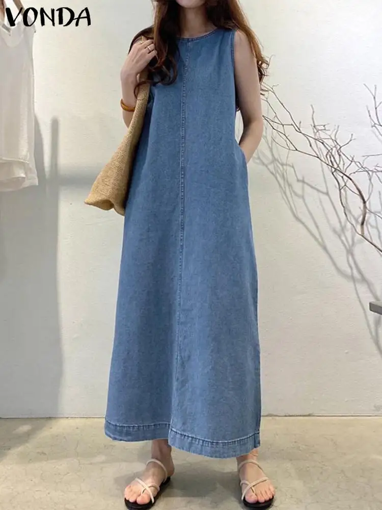 VONDA 2025 letnie eleganckie damskie Denim plisowana długa sukienka letnia moda Casual luźna suknia bez rękawów linia A Maxi Vestido ponadgabarytowych