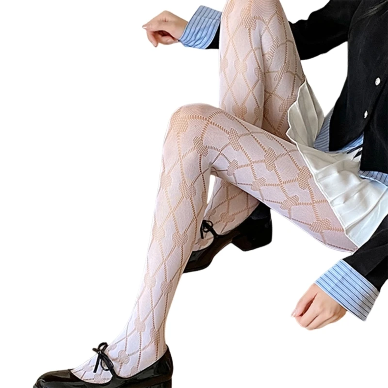 Women Fishnet Pantyhose Harajuku Hollowed Heart Diamond Pattern Sexy Mesh Tights