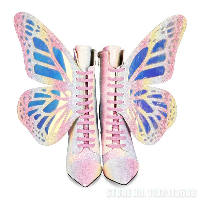 Butterfly Wings Flat Boots Lady Sweet Fashion Fairy Shoes Autumn Laser White Blue Colorful Lace Up Ankle Chelsea Booties Mujer