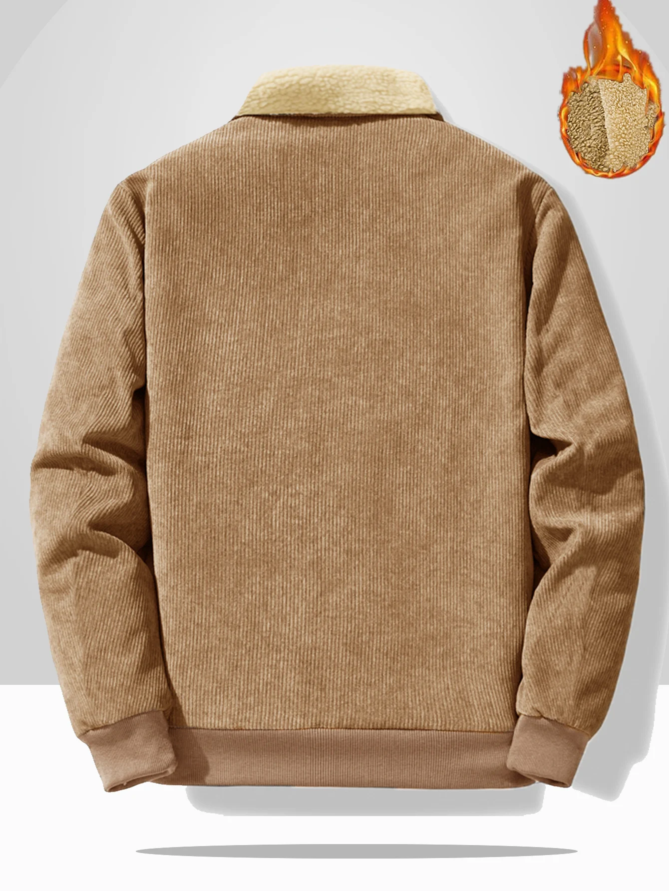 Men Winter Vintage Khaki Corduroy Jacket Lapel Collar Zip Up Sherpa Lined Thick Warm Casual Outer CoatWinter Outerwear Loose Fit