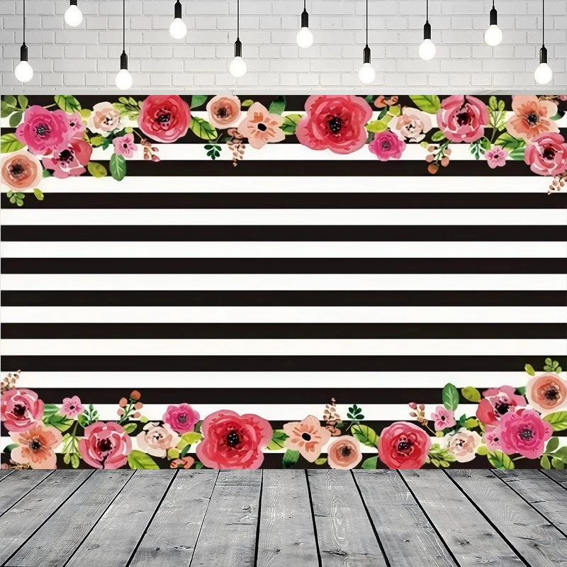 

Фон для фотосъемки с черно-белой полосой, розовая роза, цветок, день рождения, свадьба, домашняя вечеринка, фон, настенный баннер, декор