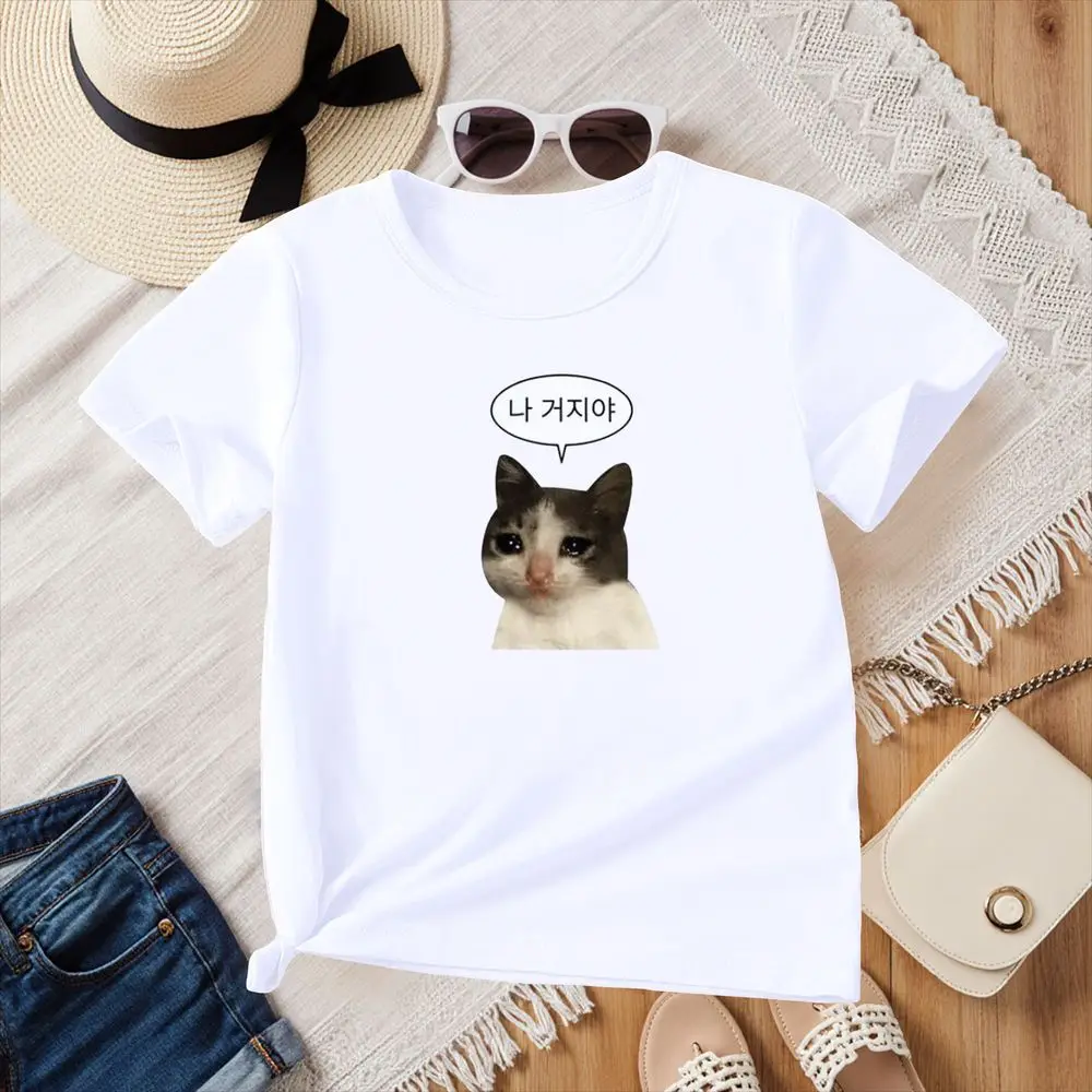 Crying Cat Beggar Korean Text Graphic T-Shirt Women Summer Short Sleeve Casual Streetwear Harajuku Y2k Meme Printed Tops Female