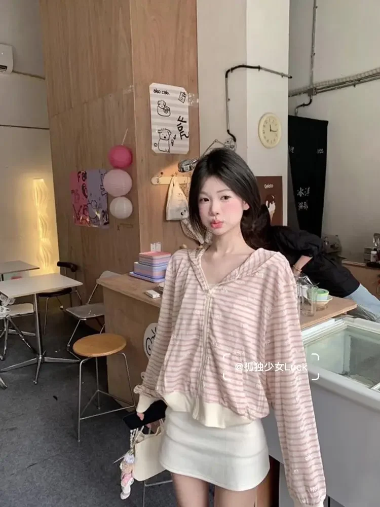 Sweet Pink Striped Bow Print Cardigan Coat Women 2025 Early Autumn New Hoodie Tops Mujer Y2k Long Sleeve Zip  Sweatshirts