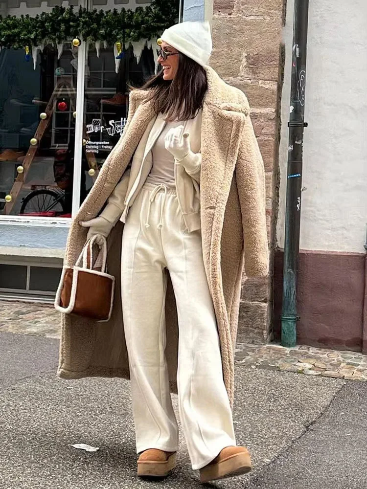 HH Women Vintage Wool Blend Long Coat Autumn Winter Lapel Chic Long Sleeve Double Breasted Big Jacket Female Street Overcoat