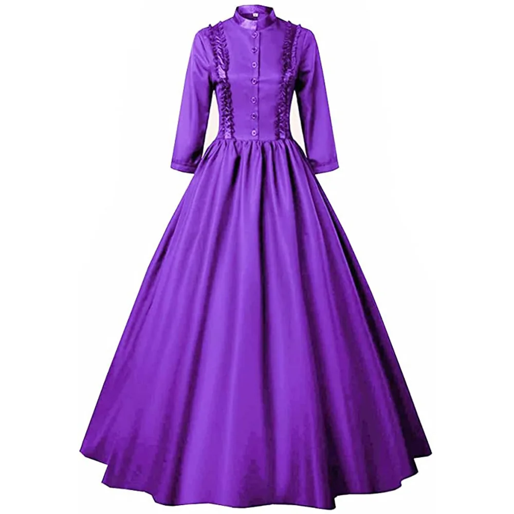 Costume medievale da donna abito vittoriano tinta unita dolcevita manica lunga monopetto abito da ballo da festa regina principessa Vintage