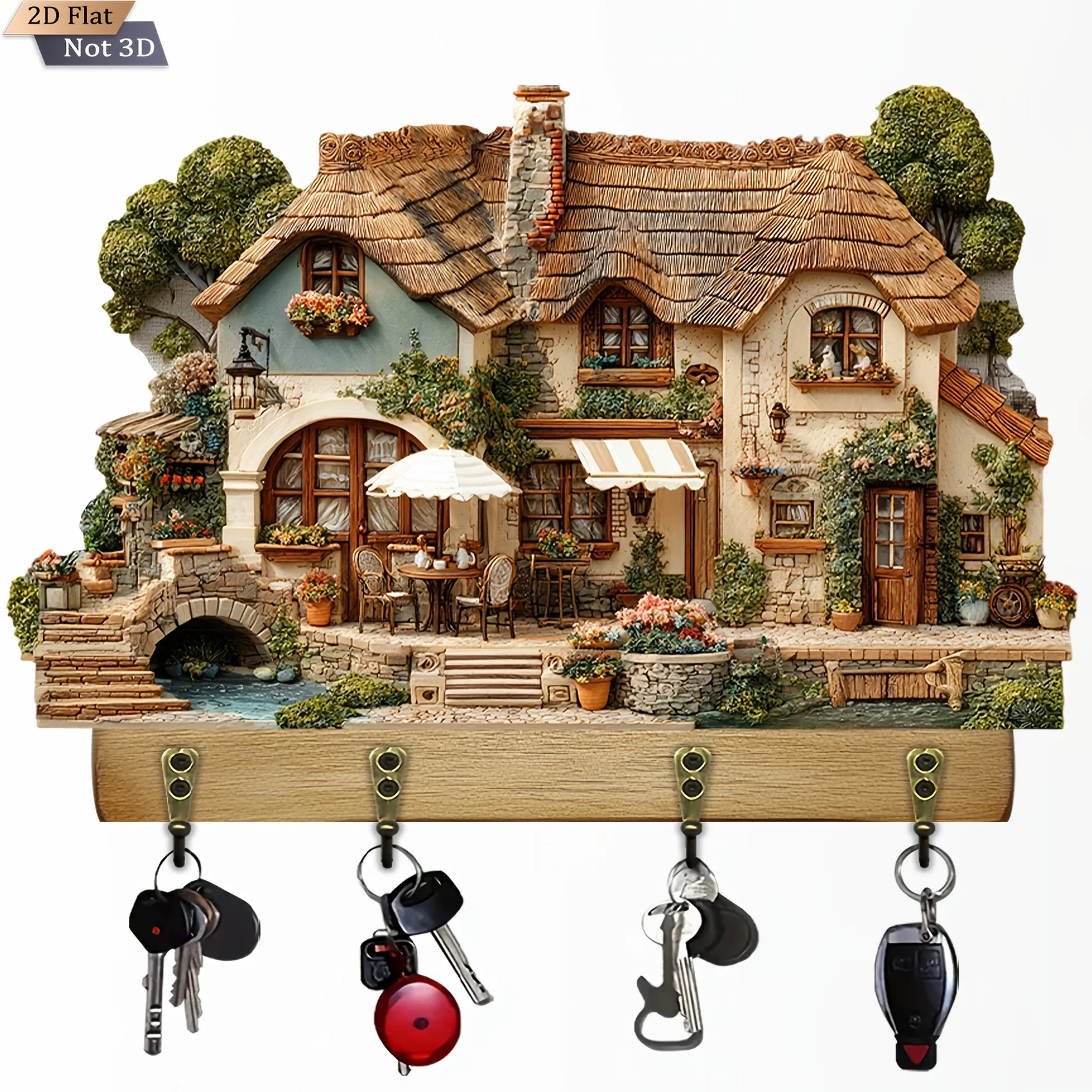 , Plano 2D, 1 pieza, llavero multifuncional de madera fresco para el hogar con cuatro ganchos de metal, adecuado para decoración de pared, decoración de porche, habitación