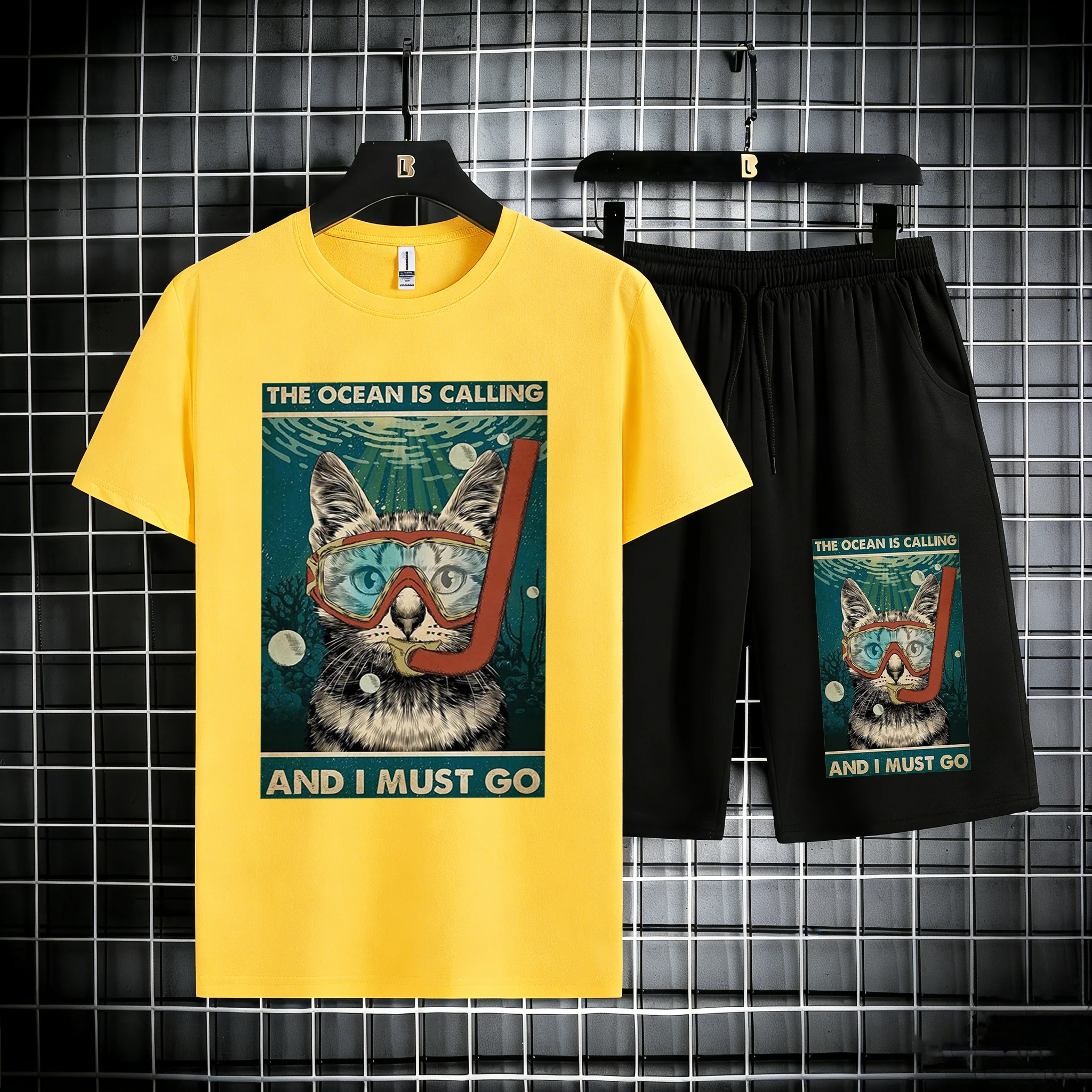 

The Ocean Is Calling Cat Printing Summer Cotton Casual Tee Shirts Suits Mens Fashion Beach Streetwear Stretch Office Short Pants