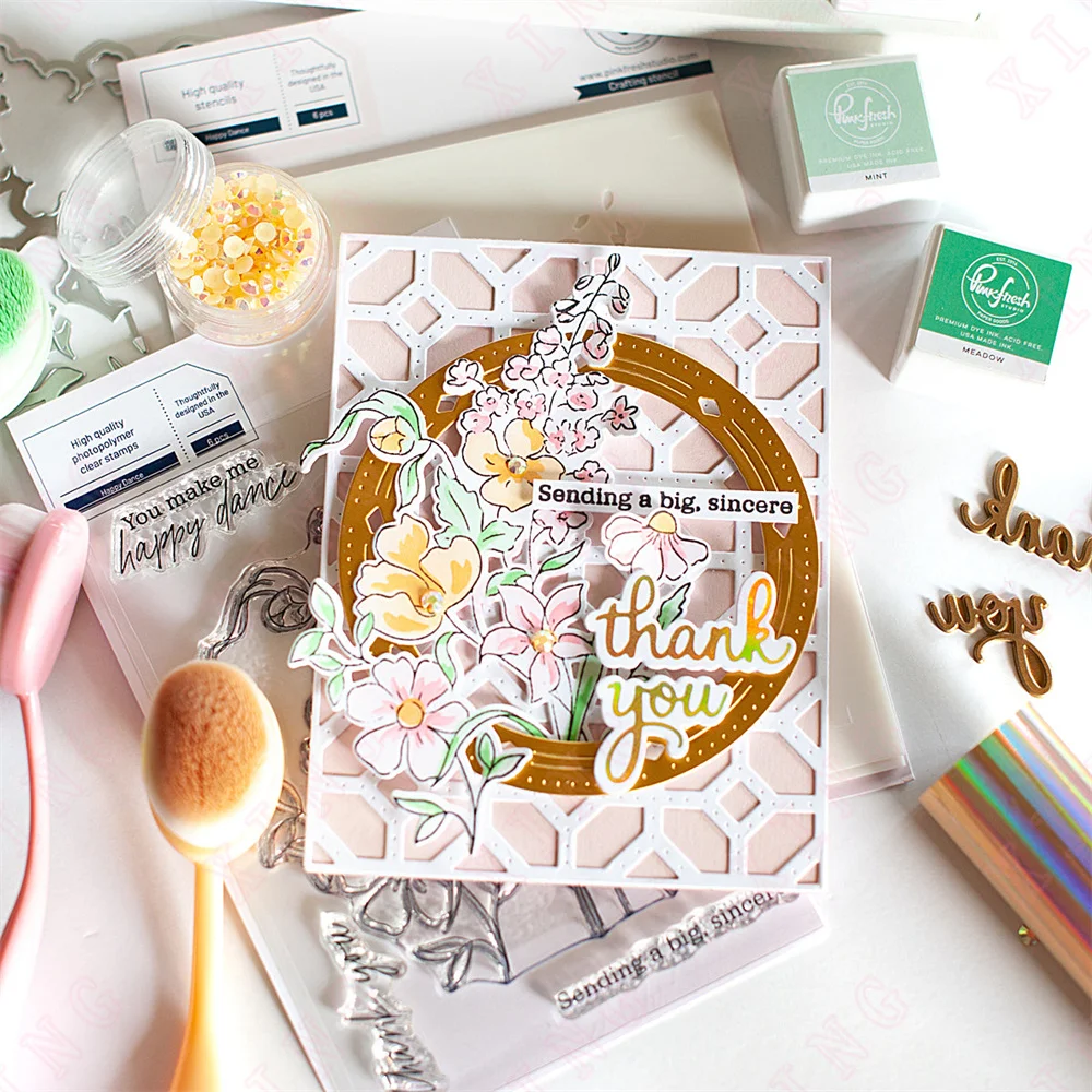 New Craft Metal Cutting Dies Measure Dance Grow Heart Leafy Background Stencil Lattice Dotted Thank You Hello Circles Stamps Set