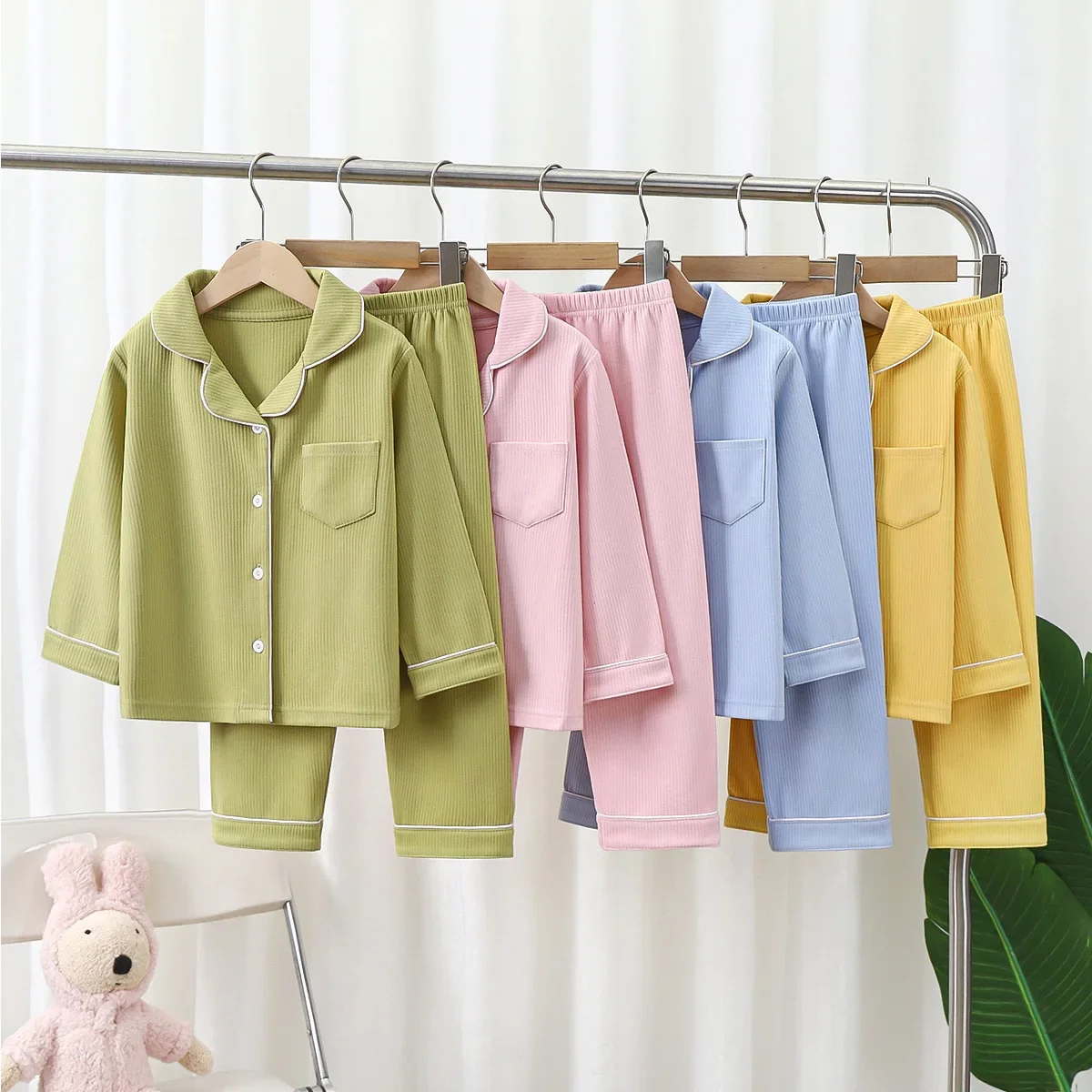 1-16 Years Toddler Baby Kids Unisex Casual Pajama Suit Boy Long Sleeve Front Pocket Lapel Tops+ Long Pants Girl Pajama Sets