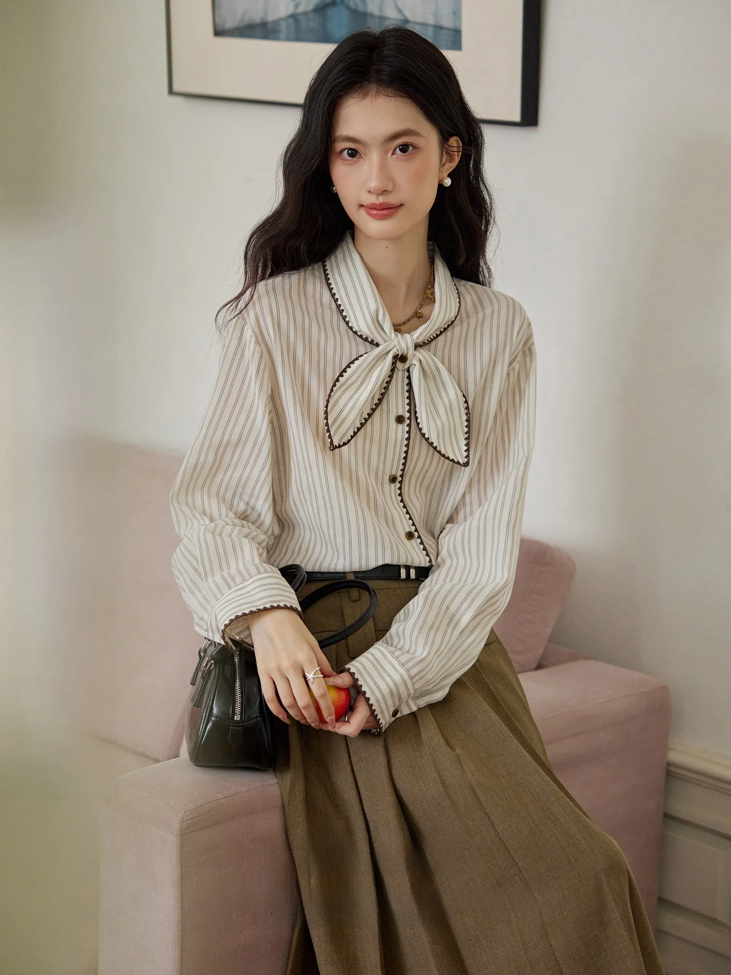 

Retro Rabbit Ear Collar Long Sve Women's irt Spring Season Color Blo Classic Vertical Stripes Design Cotton Blend Blouse