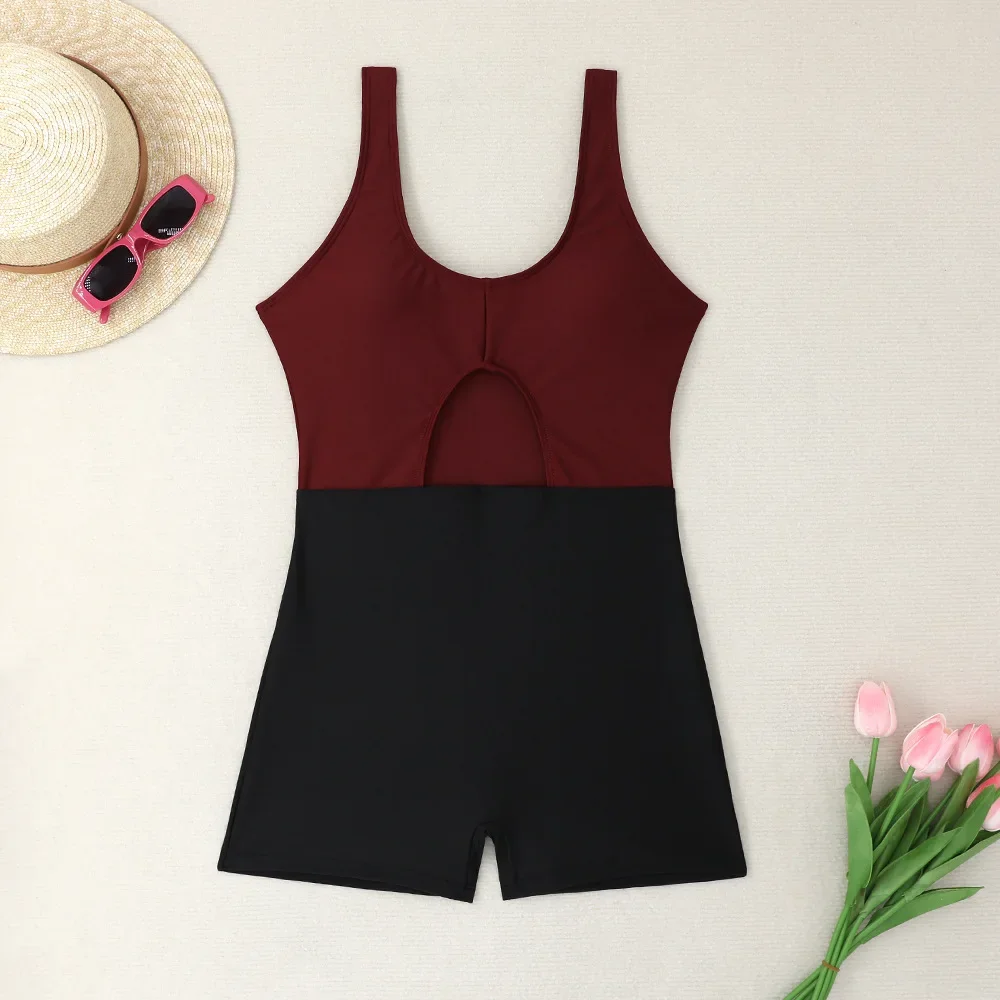 2022 New Solid Color Contrast Boxer Cut-out One-piece Swimsuit Bikini