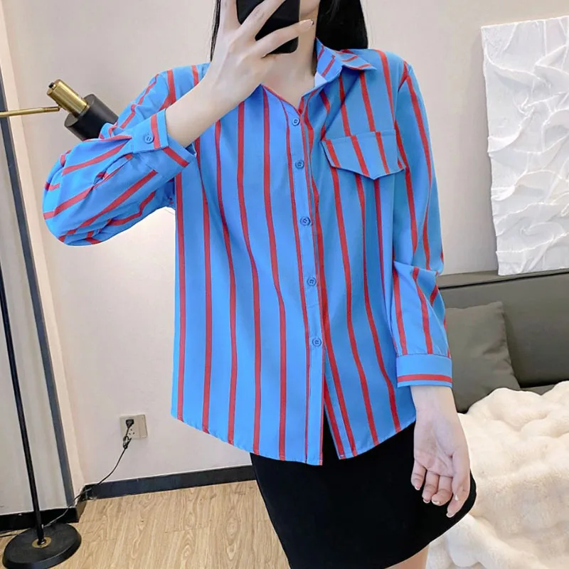 

Fashion Striped Long Sleeve Shirts Women Autumn Loose Turn Down Neck Casual Blouses Female All-Match Streetwear Irregular Shirts