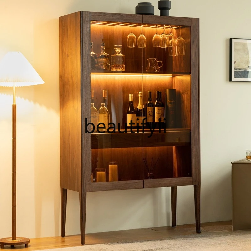

Nordic Light Luxury Black Walnut Wine Cabinet Living Room Wall-Mounted Solid Wood Glass Double Door Partition Display Cabinet