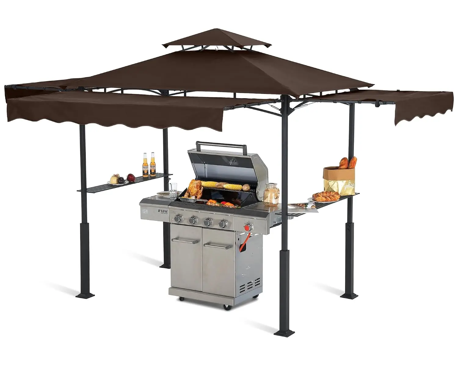 Grill Gazebo 14x5 with 3 Side Awnings & 2 LED Lights, Brown, Customized