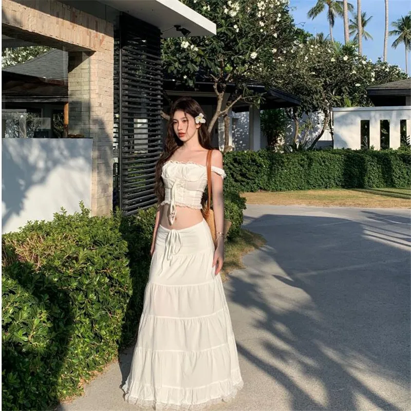 

Summer Holiday White Two Piece Dress Suits Lace Hem Sexy Slash Neck Short Shirt Top&High Waist Long Skirt Sets Fashion Beach 2pc