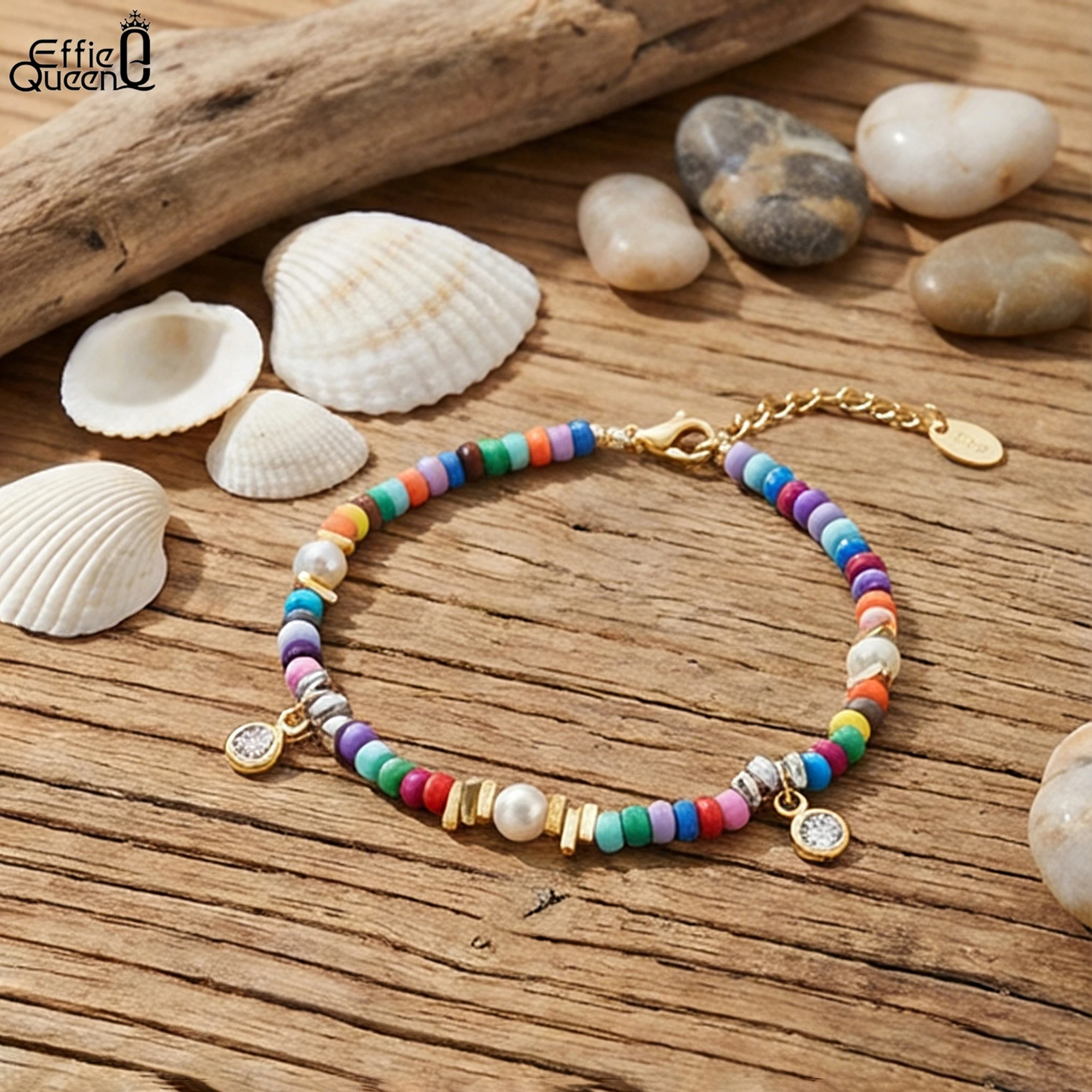 

EFFIE QUEEN стерлингового серебра 925 пробы, белый жемчуг в форме ракушки с цветными бусинами, украшение из нити, браслет-цепочка на руку, подарок PSB05-08