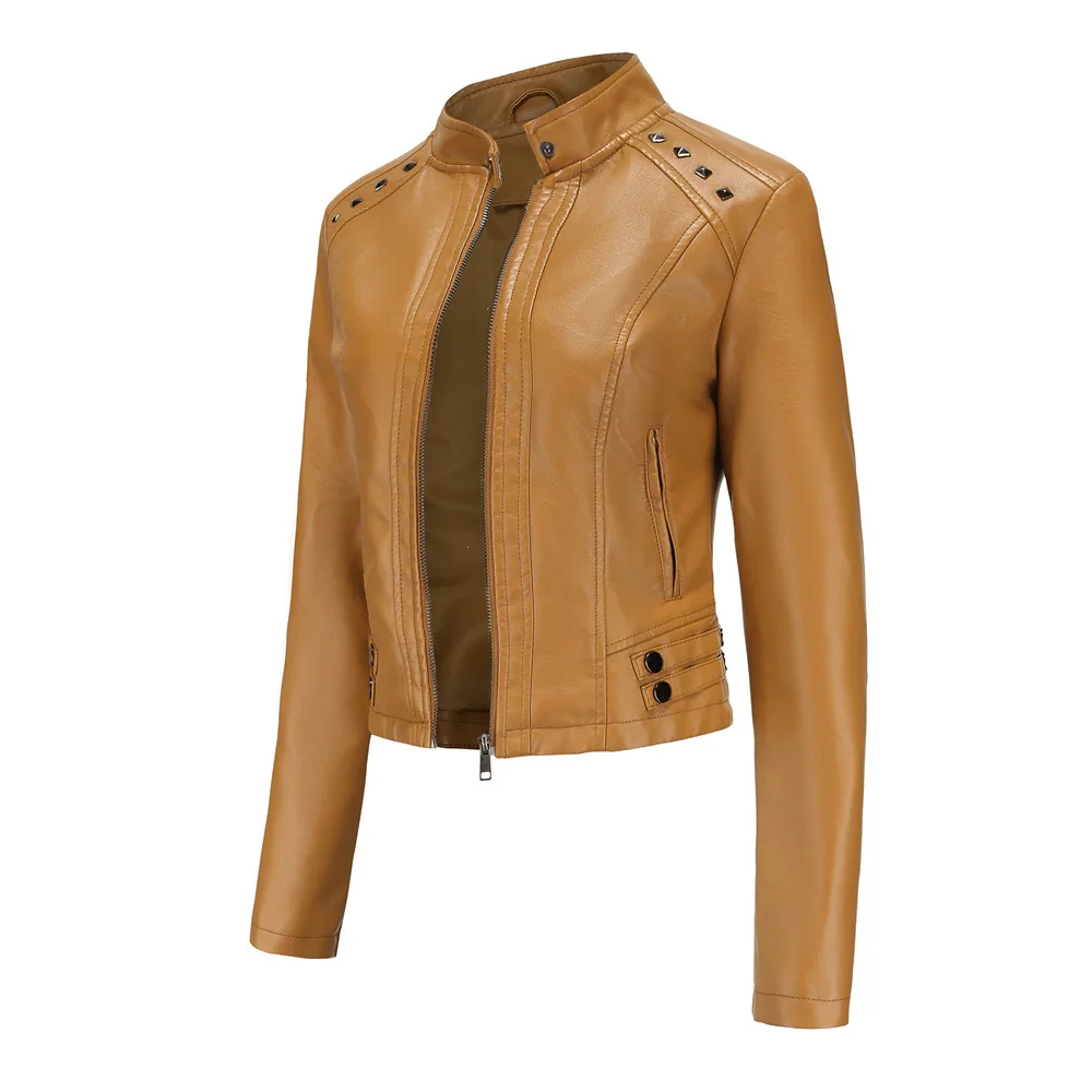Women's Rivet PU zipper Leather Coat, Black Motorcycle Jacket, Standing Collar, Korean Punk Rock Fashion, Autumn and Winter